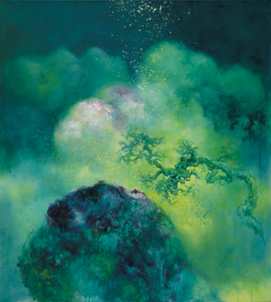 Rhythm of Wood and Stone – A Mountain with Peach Tress, 2021; acrylic paint on canvas; 39 3:8 x 35 7:16 in. (100 x 90 cm.).png__PID:c4d7a76f-541c-46d5-8e42-ea6184c6b5c2